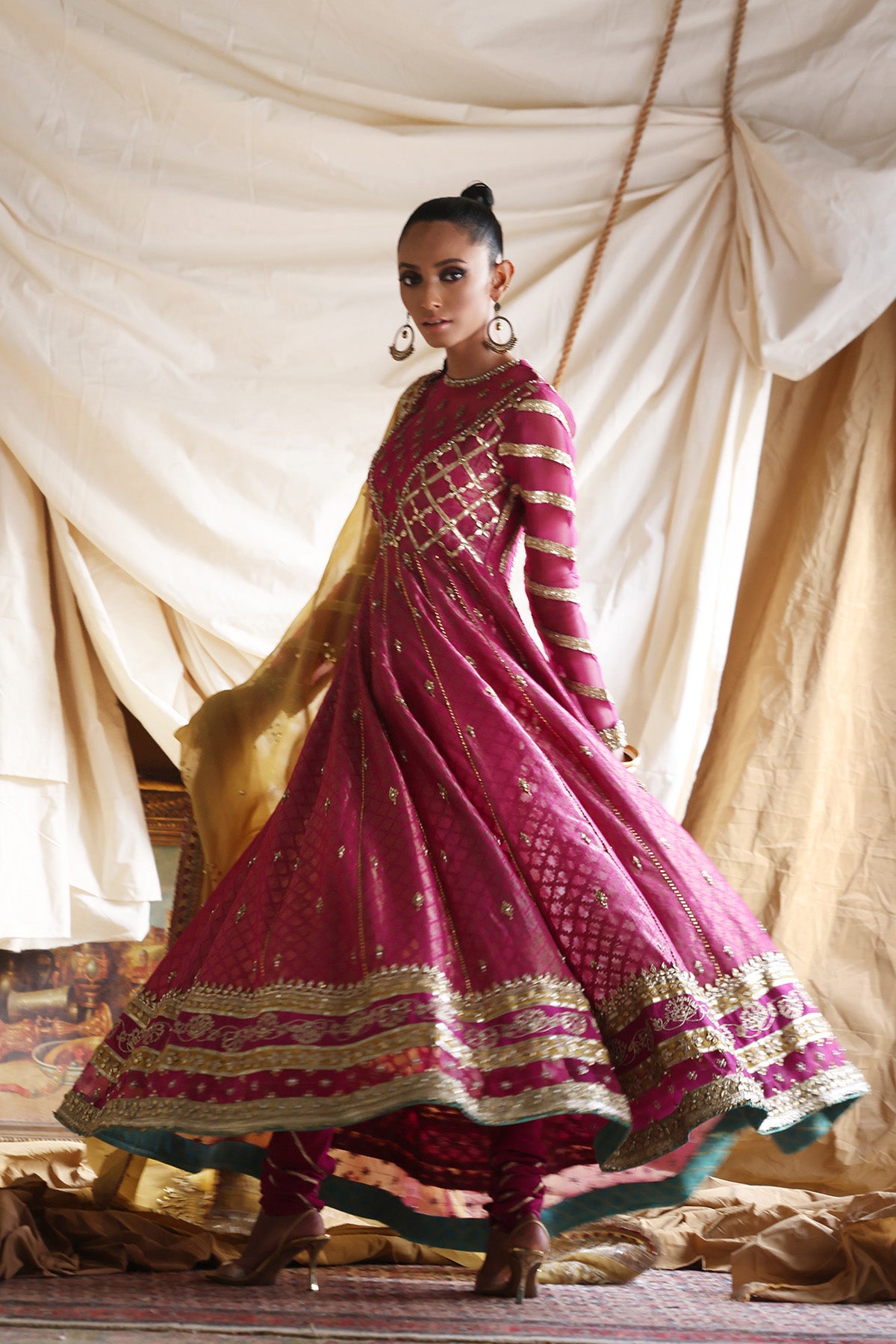 Magenta Embroidered Cotton Zari Net Pishwas (3-Piece) - Image 2