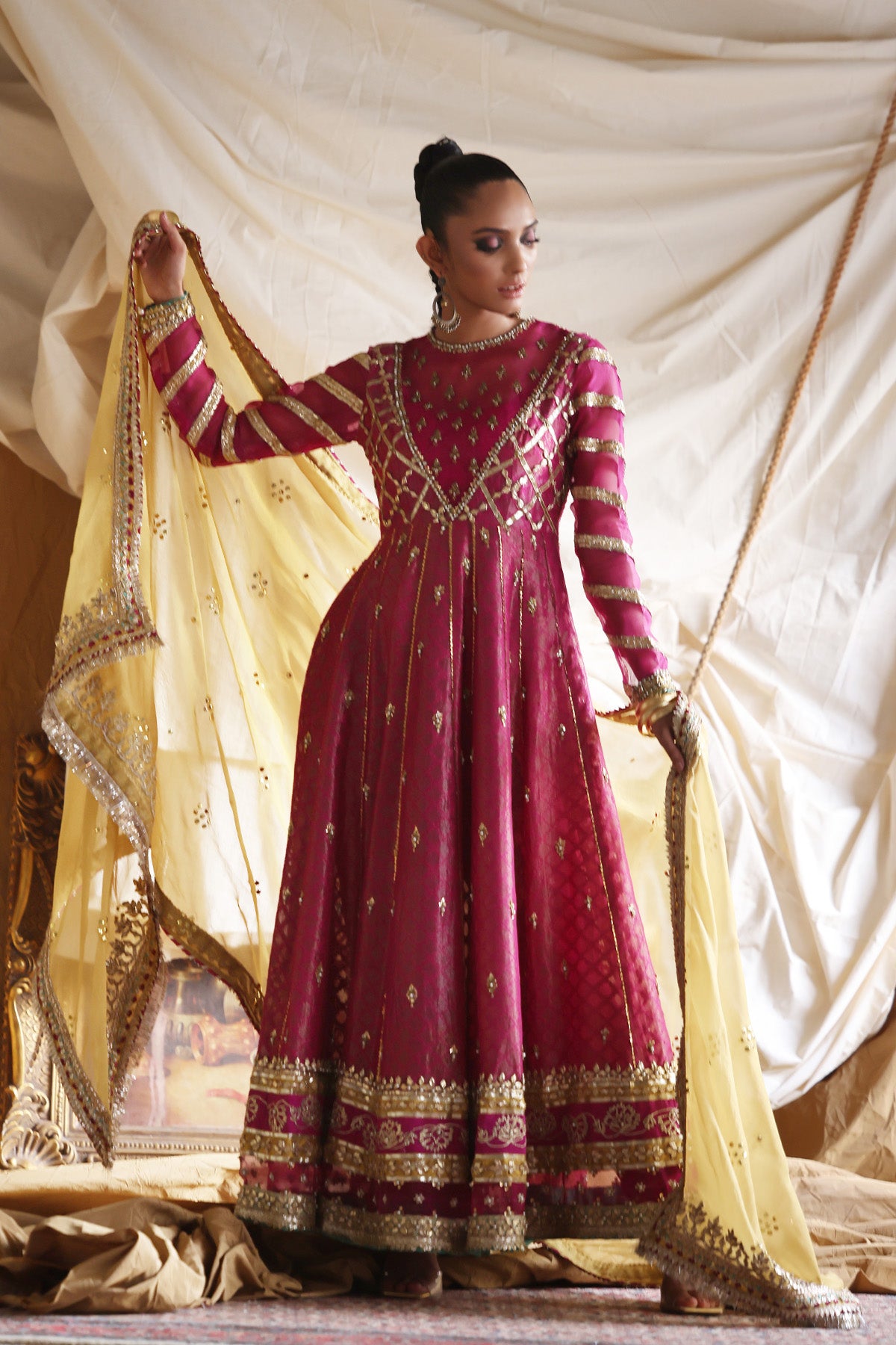 Magenta Embroidered Cotton Zari Net Pishwas (3-Piece) - Image 3