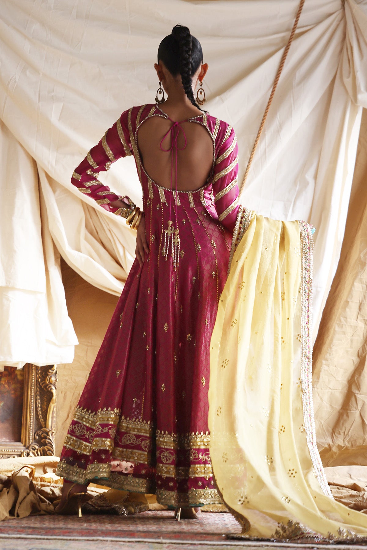 Magenta Embroidered Cotton Zari Net Pishwas (3-Piece) - Image 4