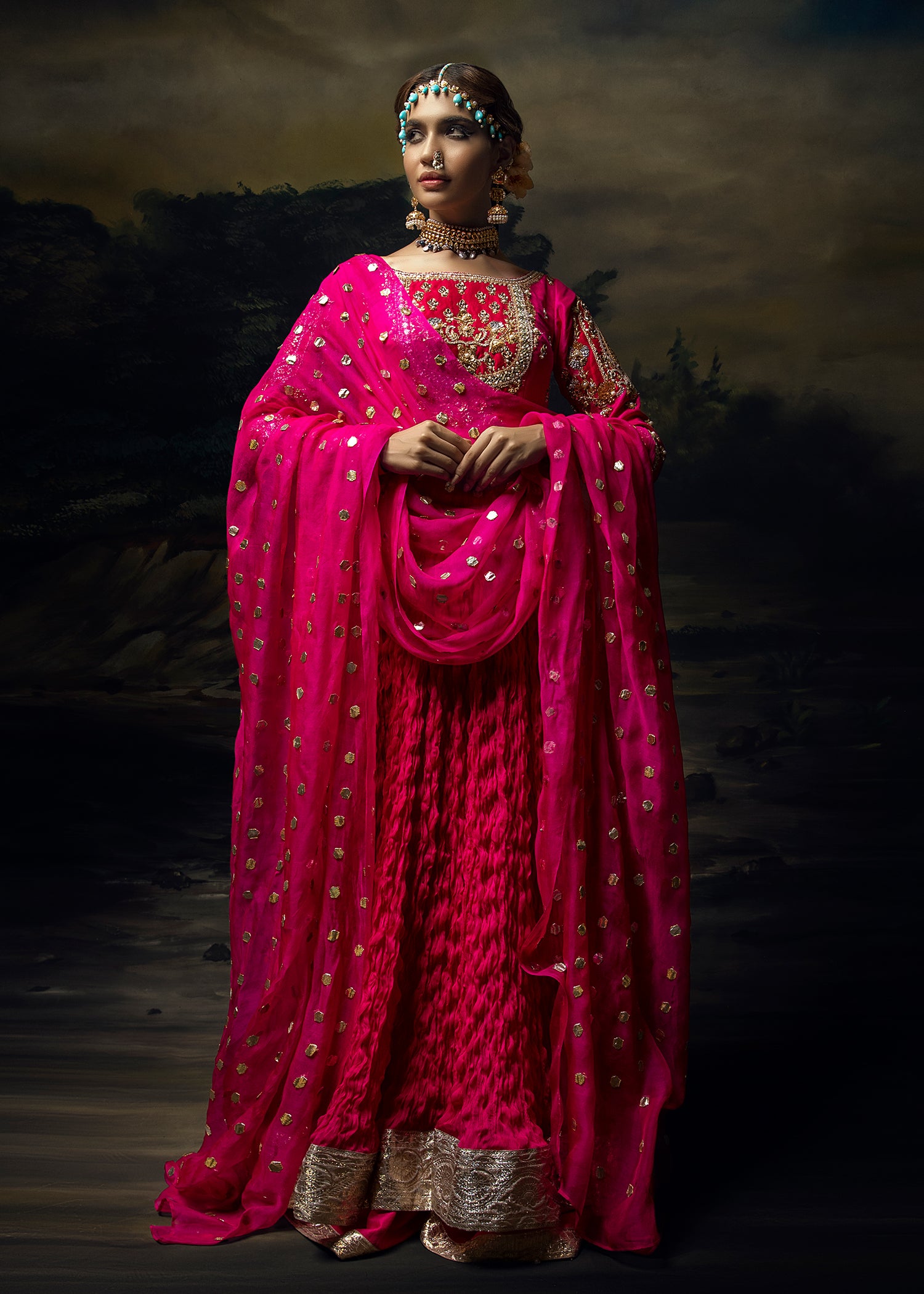 Shocking Pink Gold Embellished Crushed Pishwas (3-Piece) - Image 1