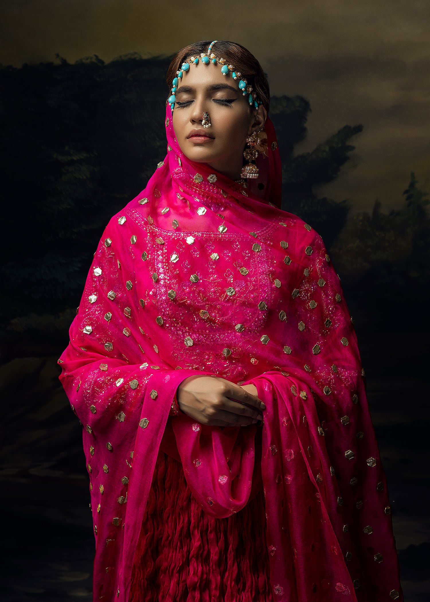 Shocking Pink Gold Embellished Crushed Pishwas (3-Piece) - Image 2