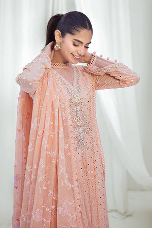 Pakistani Peach Embroidered Chiffon Pishwas (3-Piece) - Image 3