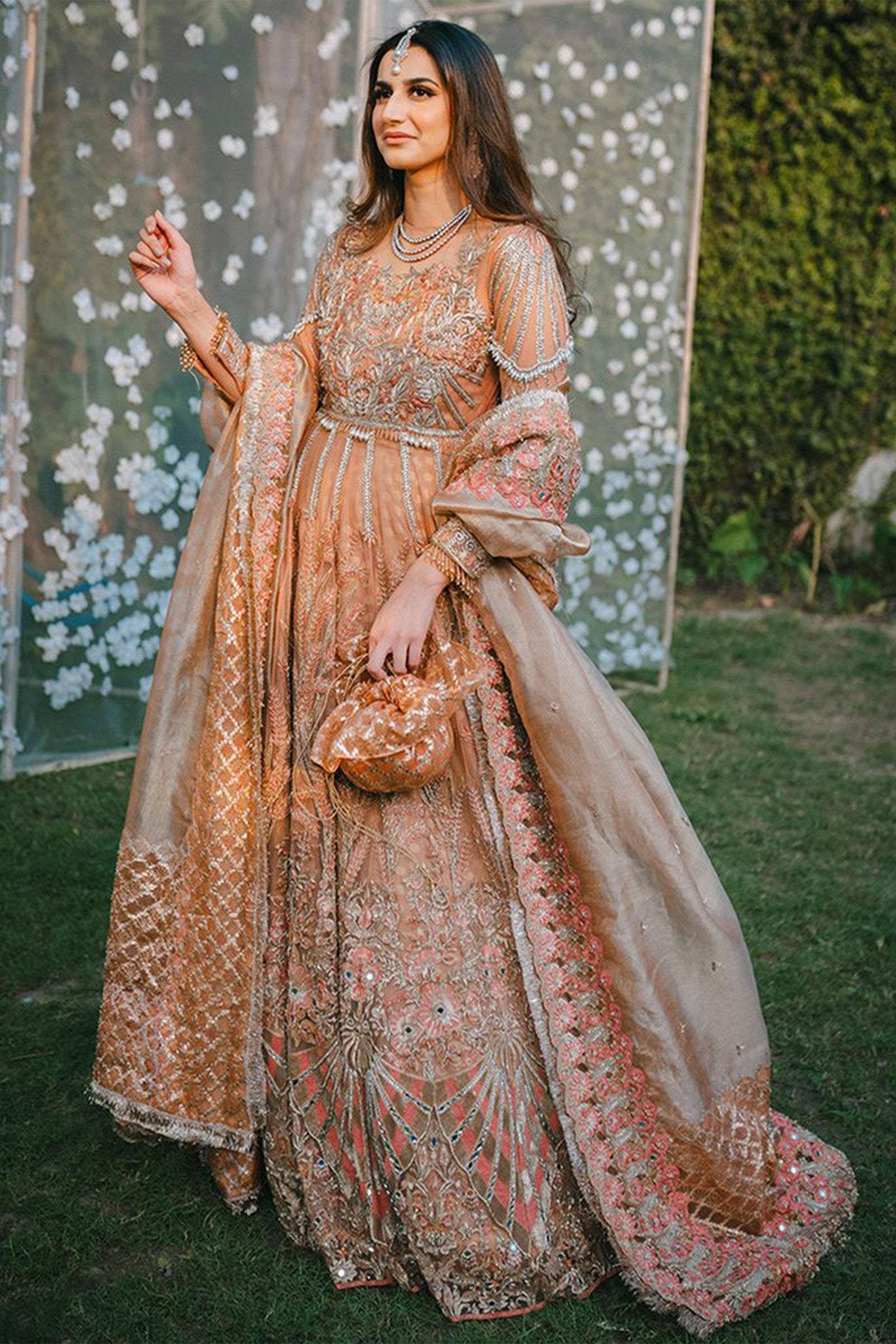 Peach Embroidered Net Pishwas Dress (3-Piece) - Image 1