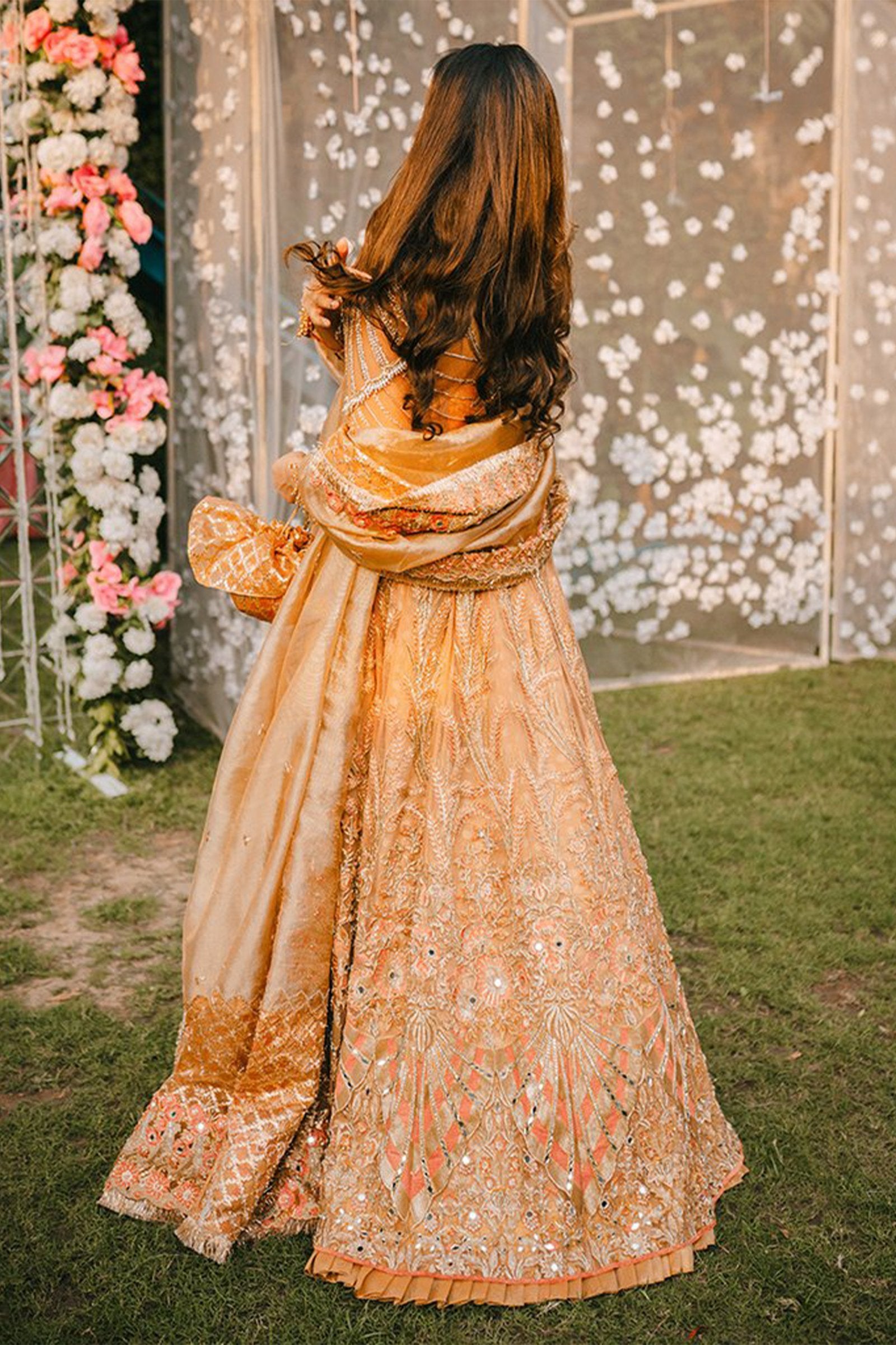 Peach Embroidered Net Pishwas Dress (3-Piece) - Image 4