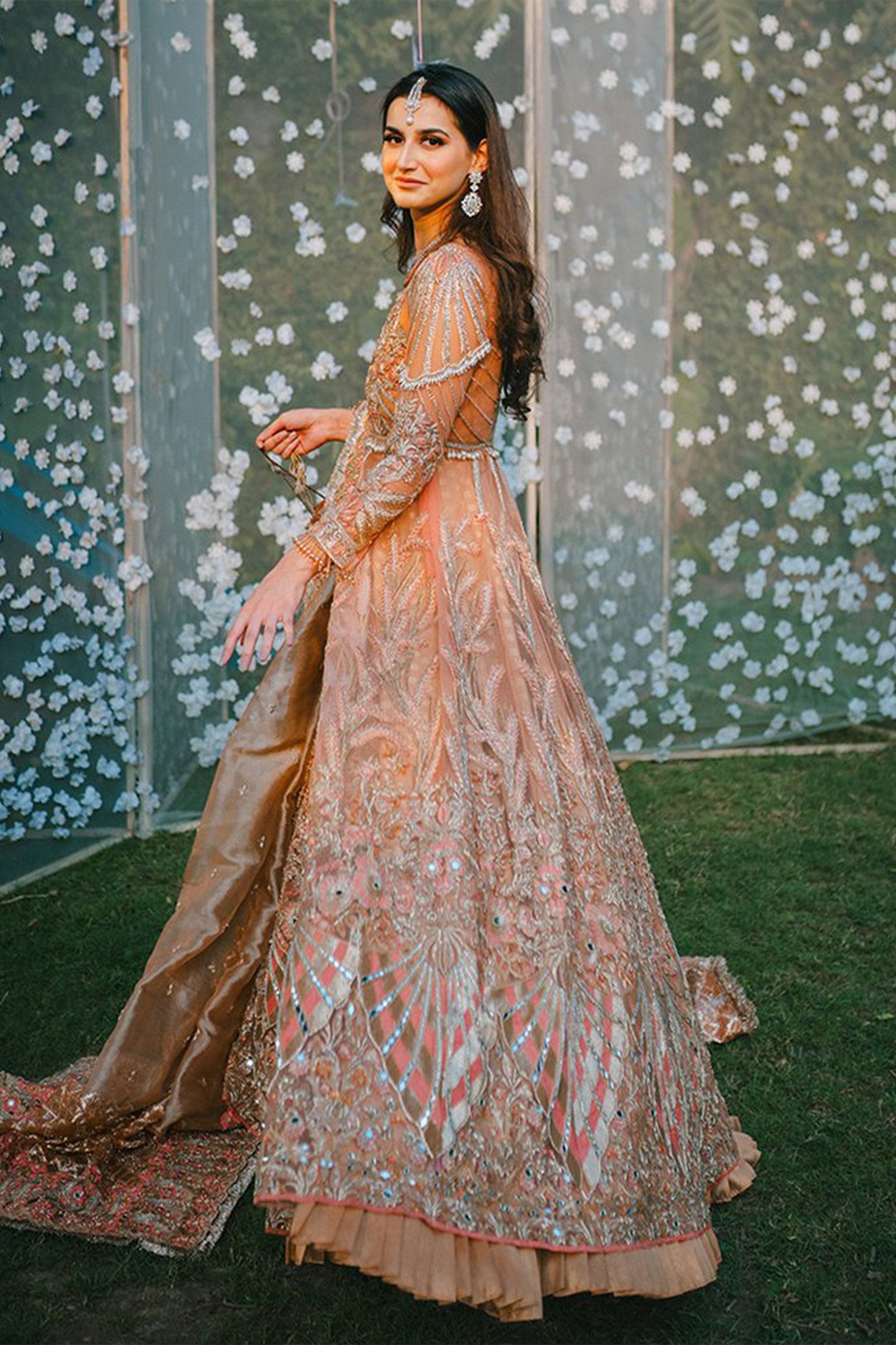 Peach Embroidered Net Pishwas Dress (3-Piece) - Image 5