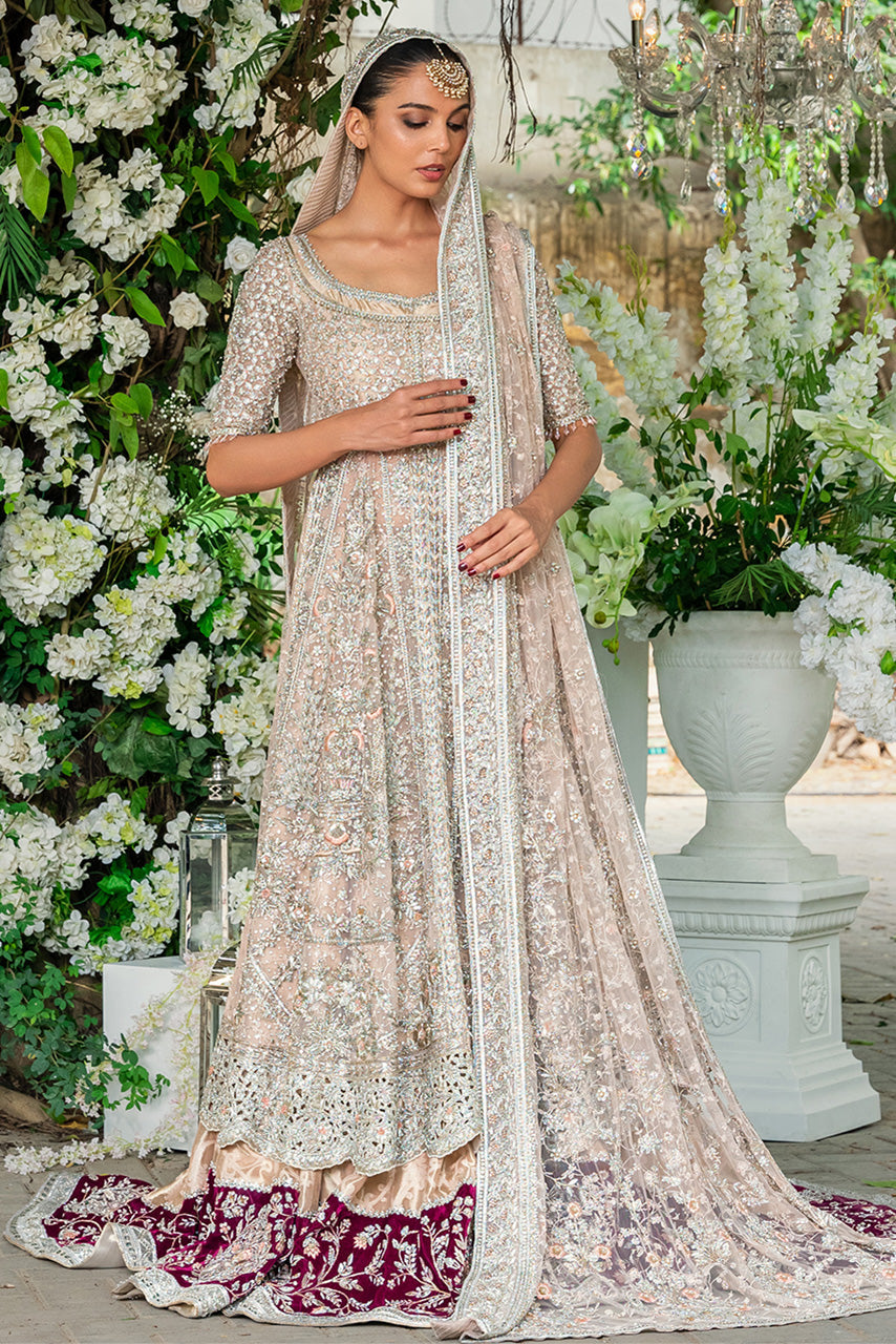 Pakistani Blush Pink Zardozi French Net Pishwas (3-Piece) - Image 1