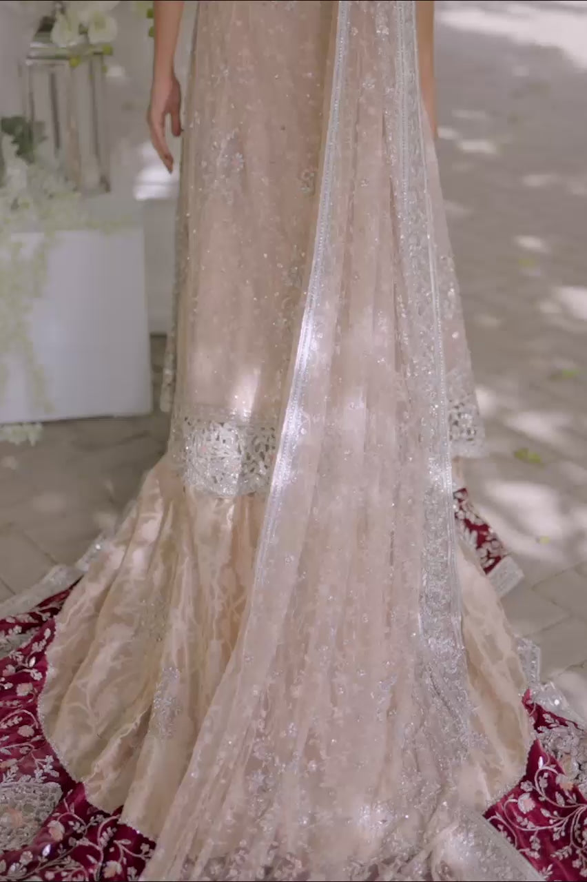 Pakistani Blush Pink Zardozi French Net Pishwas (3-Piece) - Image 4