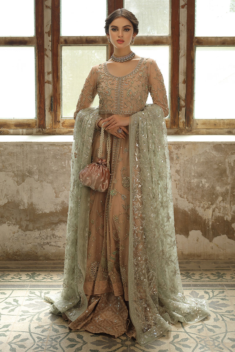 Pakistani Chai Pink Zardozi French Net Pishwas (3-Piece) - Image 1