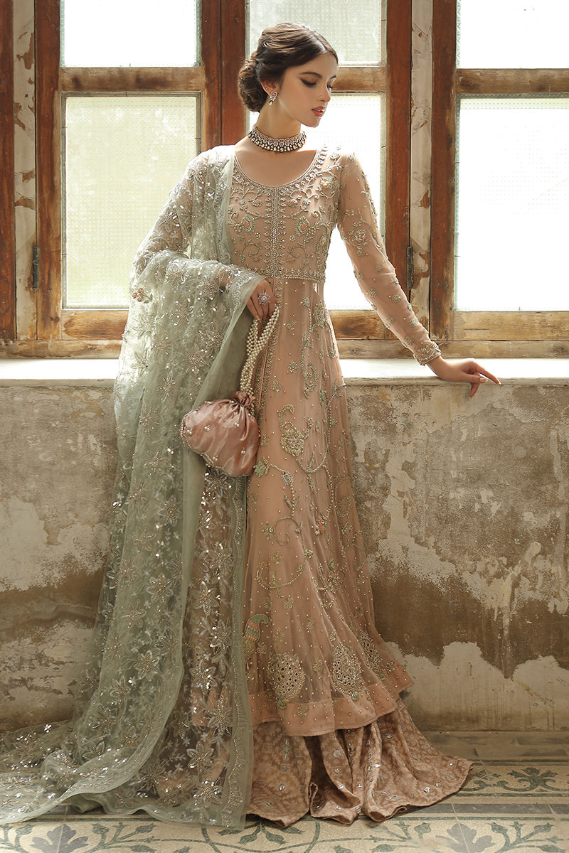 Pakistani Chai Pink Zardozi French Net Pishwas (3-Piece) - Image 3