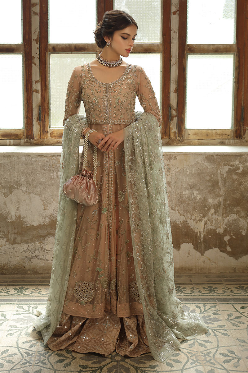 Pakistani Chai Pink Zardozi French Net Pishwas (3-Piece) - Image 5