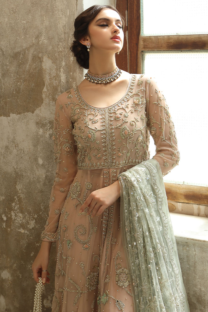 Pakistani Chai Pink Zardozi French Net Pishwas (3-Piece) - Image 6