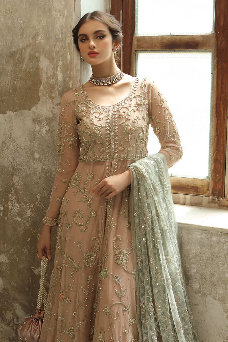 Pakistani Chai Pink Zardozi French Net Pishwas (3-Piece) - Image 7