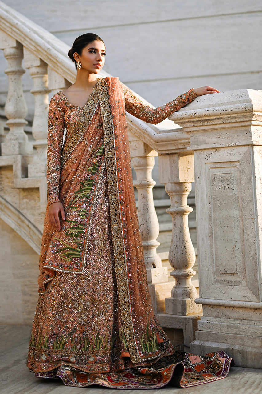 Pakistani Coral Embellished French Tulle Pishwas (3-Piece) - Image 1