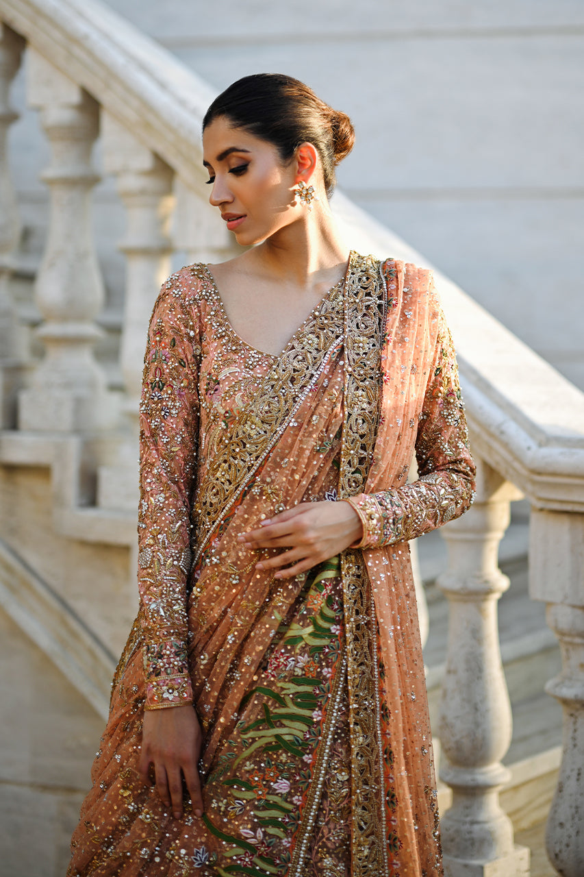 Pakistani Coral Embellished French Tulle Pishwas (3-Piece) - Image 2