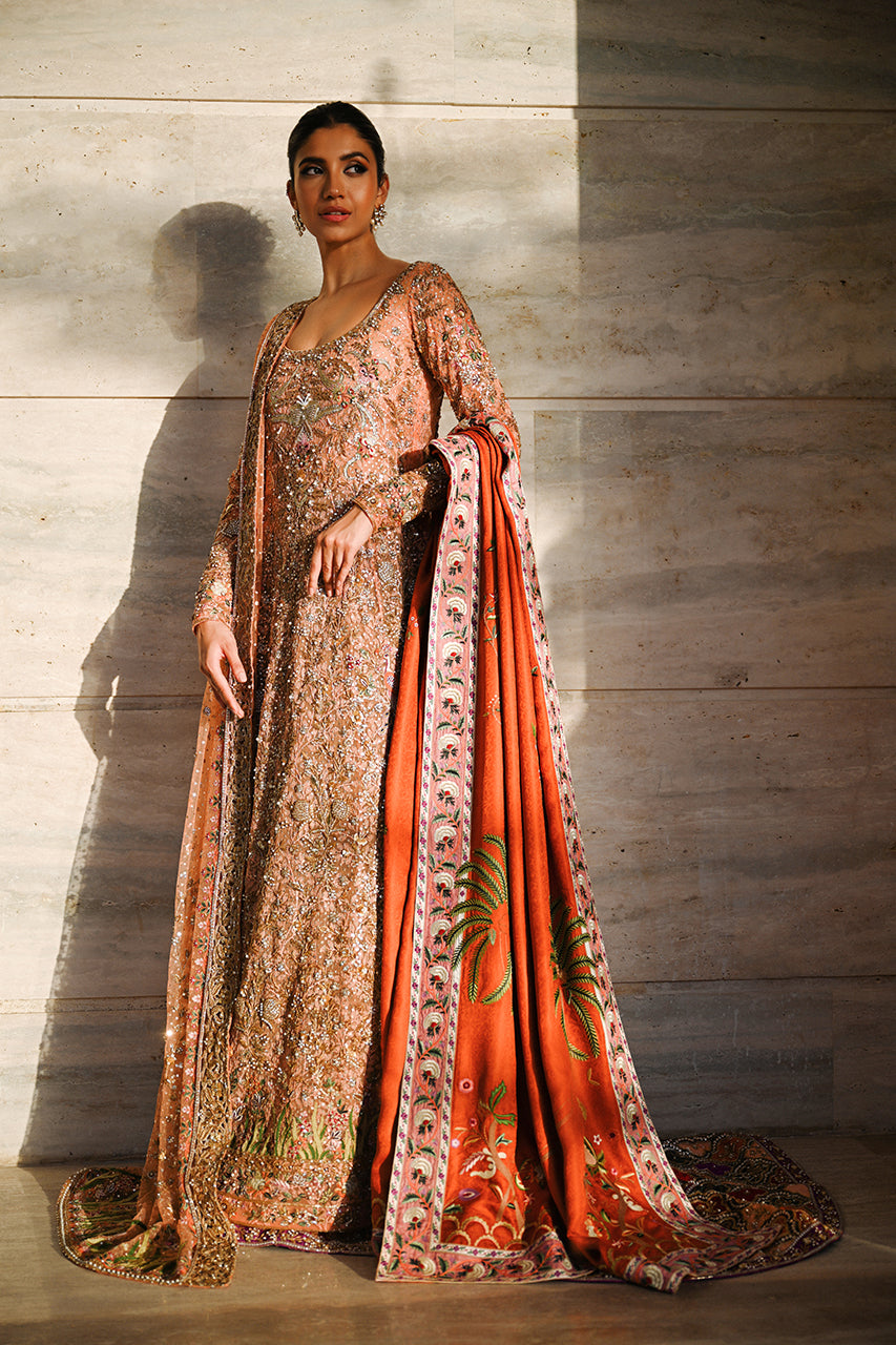 Pakistani Coral Embellished French Tulle Pishwas (3-Piece) - Image 4