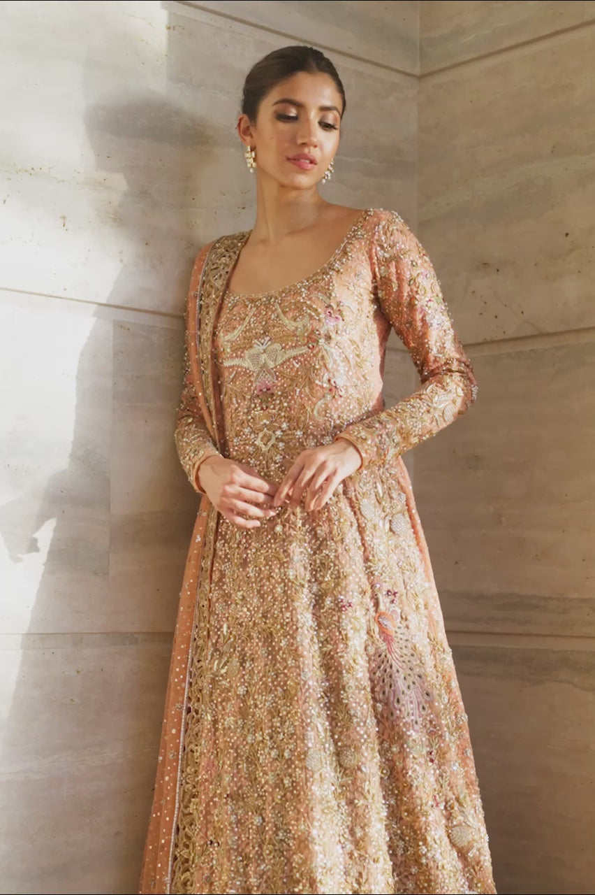 Pakistani Coral Embellished French Tulle Pishwas (3-Piece) - Image 5