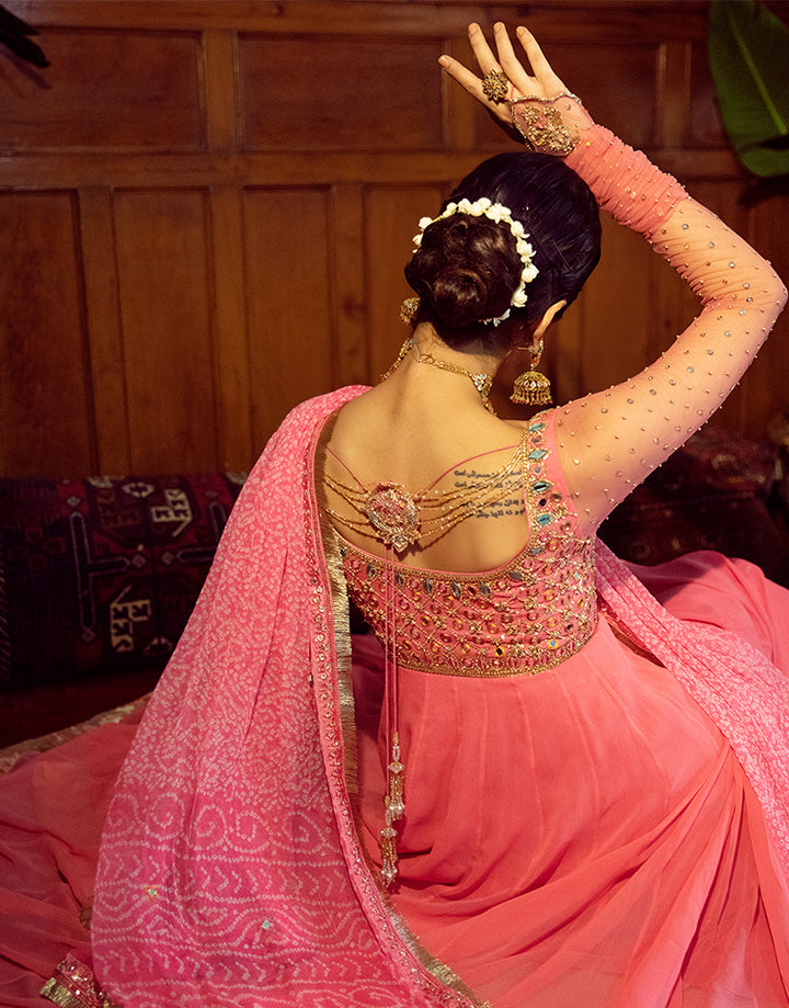 Pakistani Pink Handworked Georgette Pishwas (3-Piece) - Image 4