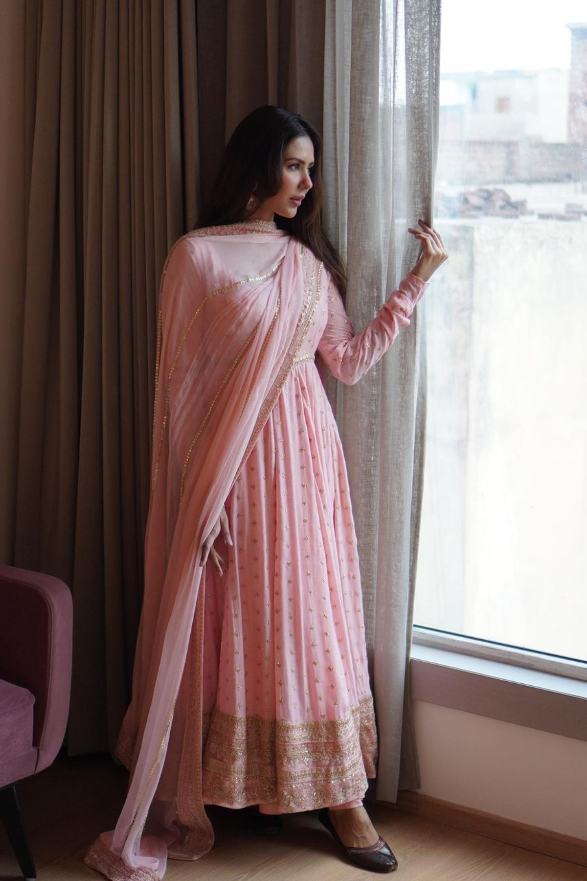 Pakistani Blush Pink Embroidered Chiffon-Georgette Pishwas (2-Piece) - Image 6