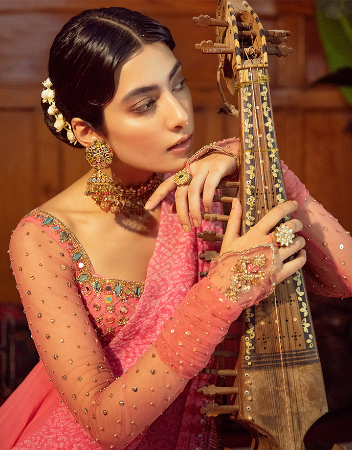 Coral Pink Sheesha Embroidered Georgette Pishwas (3-Piece) - Image 3