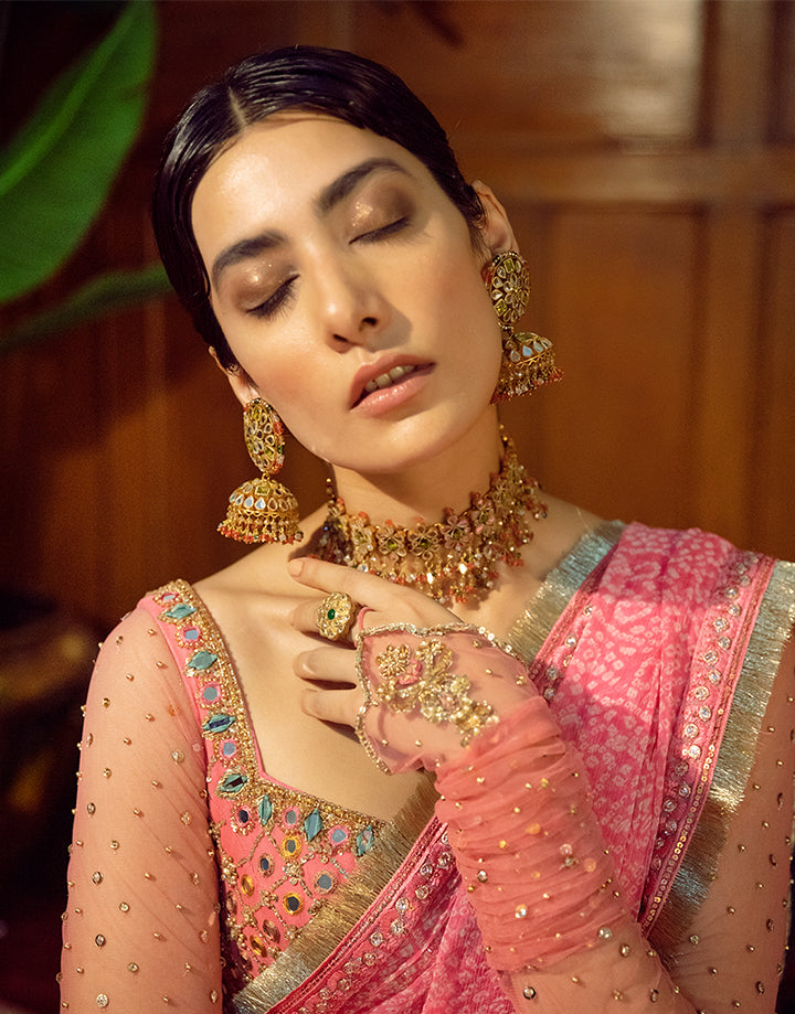 Coral Pink Sheesha Embroidered Georgette Pishwas (3-Piece) - Image 5