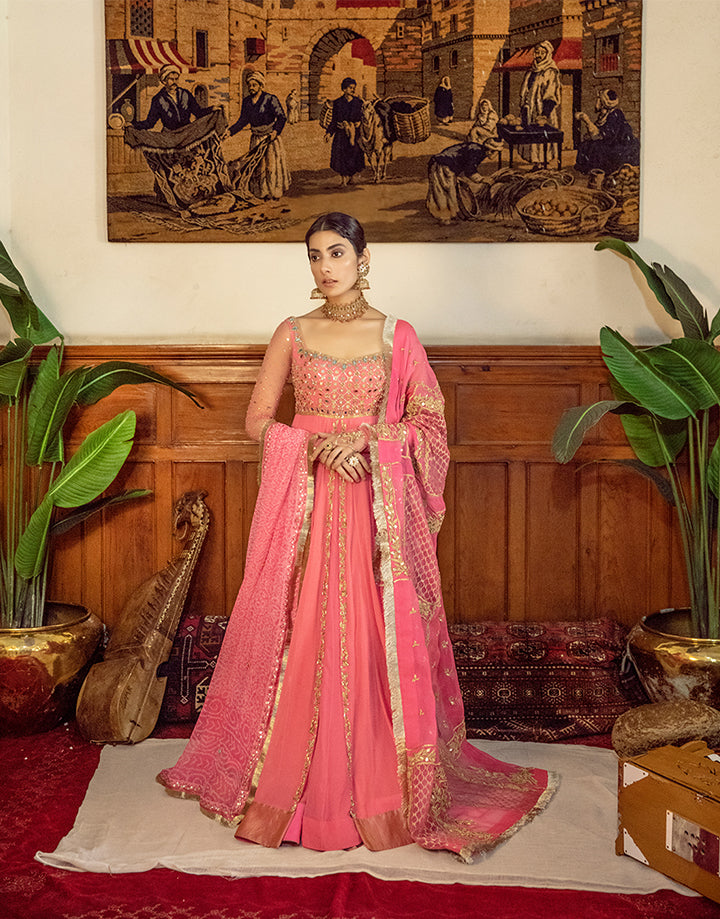 Pakistani Pink Sheesha Embroidered Georgette Pishwas (3-Piece) - Image 1