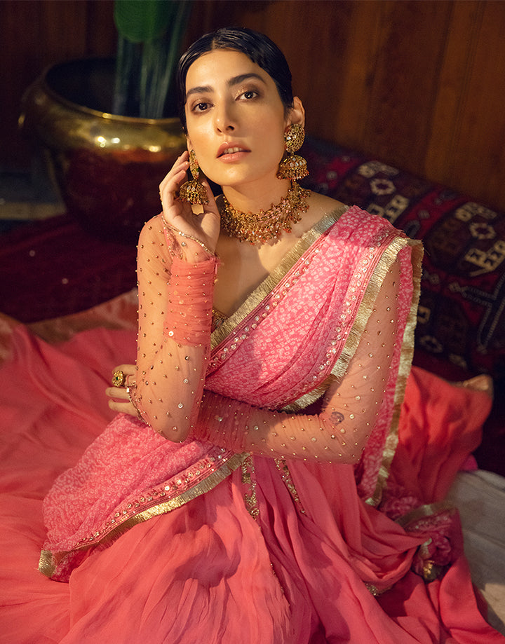 Pakistani Pink Sheesha Embroidered Georgette Pishwas (3-Piece) - Image 7