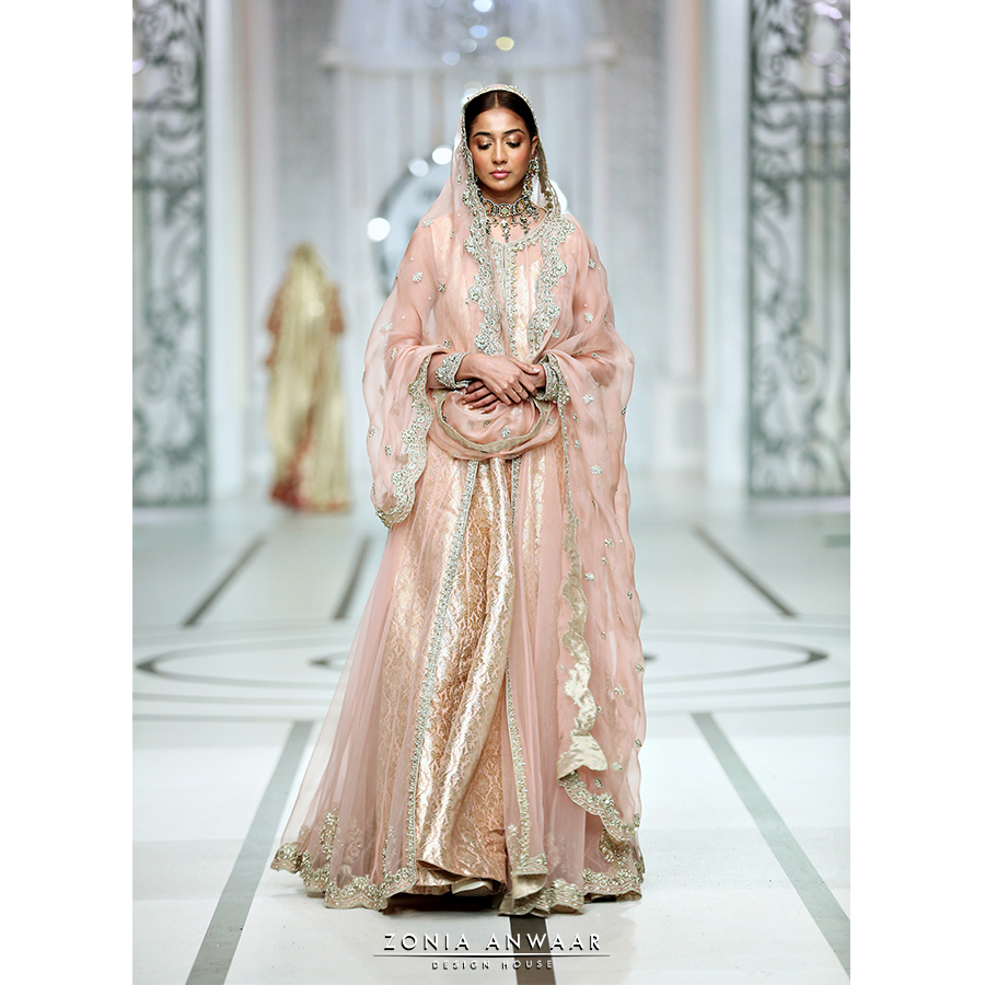 Blush Pink Hand-Embellished Jamawar & Tulle Pishwas (3-Piece) - Image 1