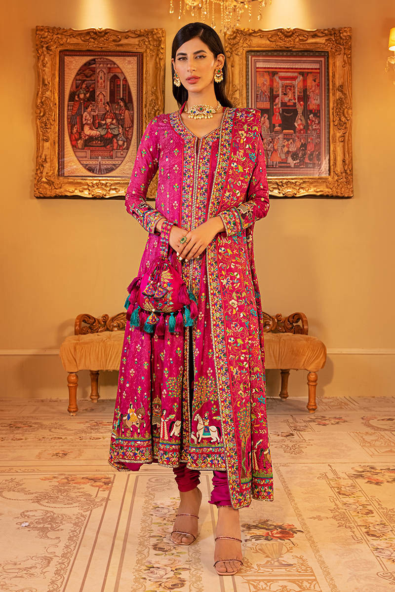 Pakistani Magenta Kashmiri Embroidered Self Jamawar Pishwas (3-Piece) - Image 1