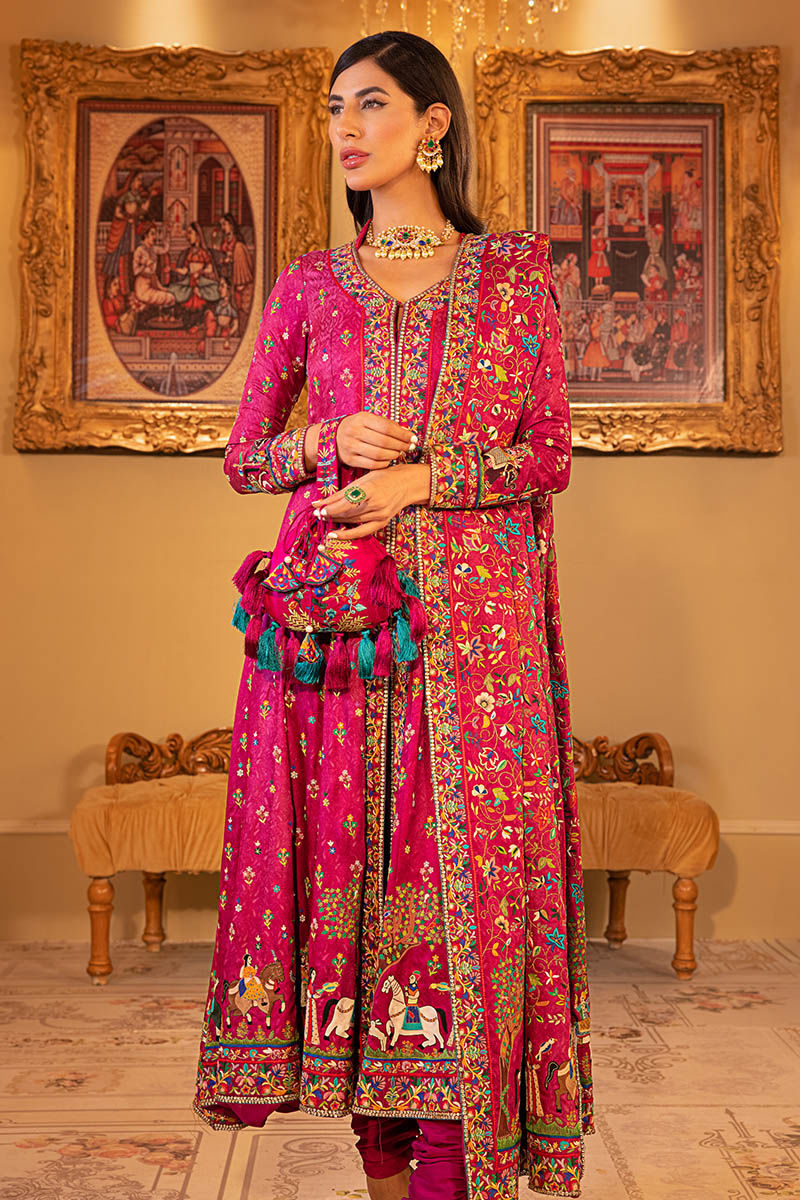 Pakistani Magenta Kashmiri Embroidered Self Jamawar Pishwas (3-Piece) - Image 2