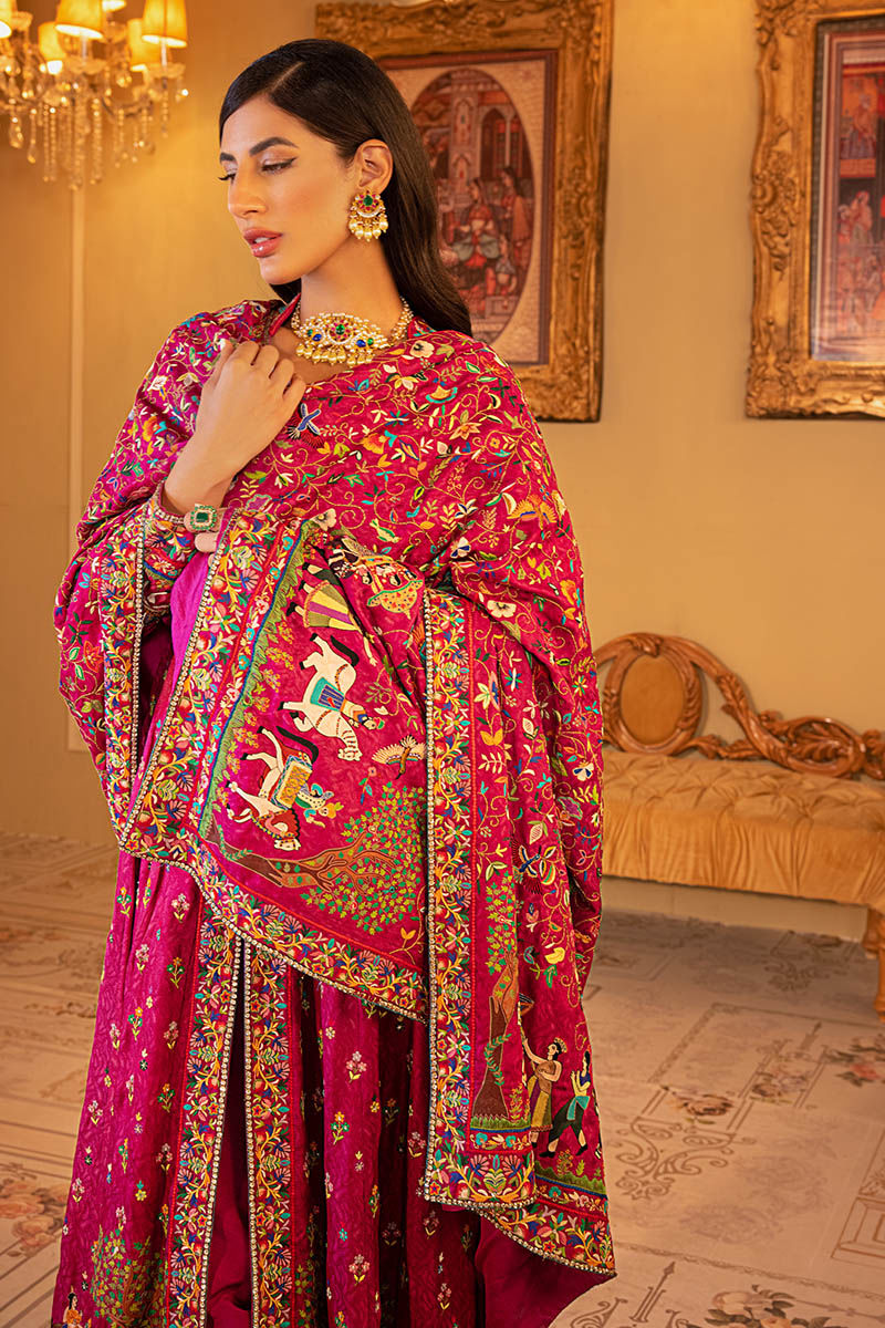 Pakistani Magenta Kashmiri Embroidered Self Jamawar Pishwas (3-Piece) - Image 4