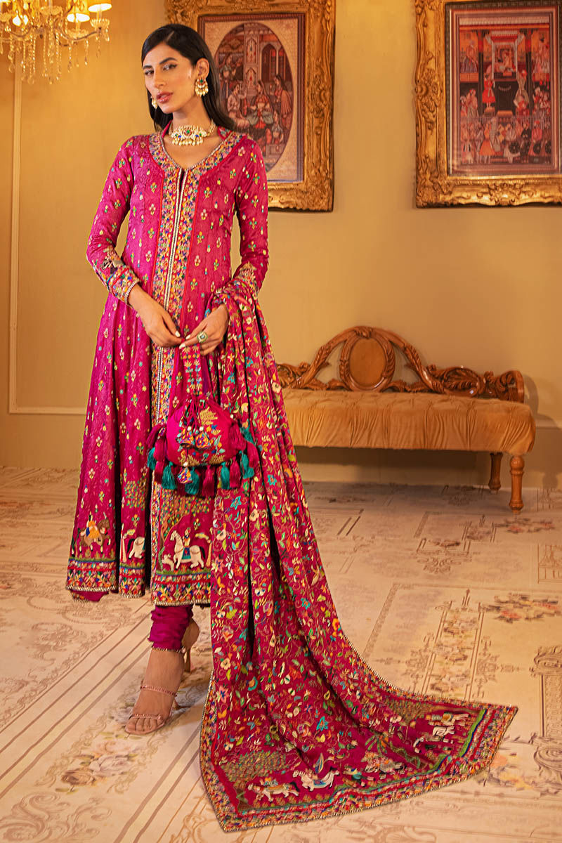 Pakistani Magenta Kashmiri Embroidered Self Jamawar Pishwas (3-Piece) - Image 5