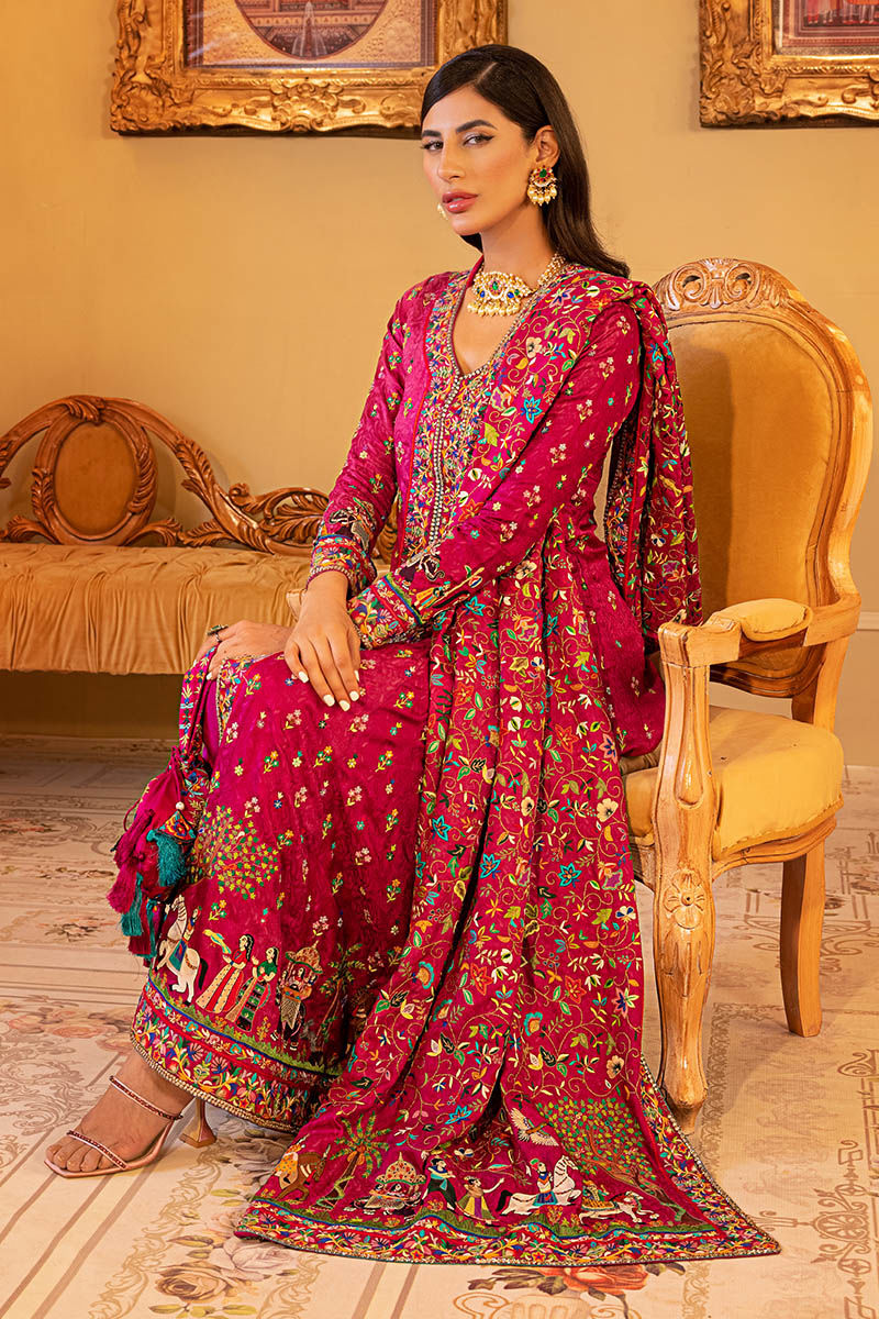 Pakistani Magenta Kashmiri Embroidered Self Jamawar Pishwas (3-Piece) - Image 6