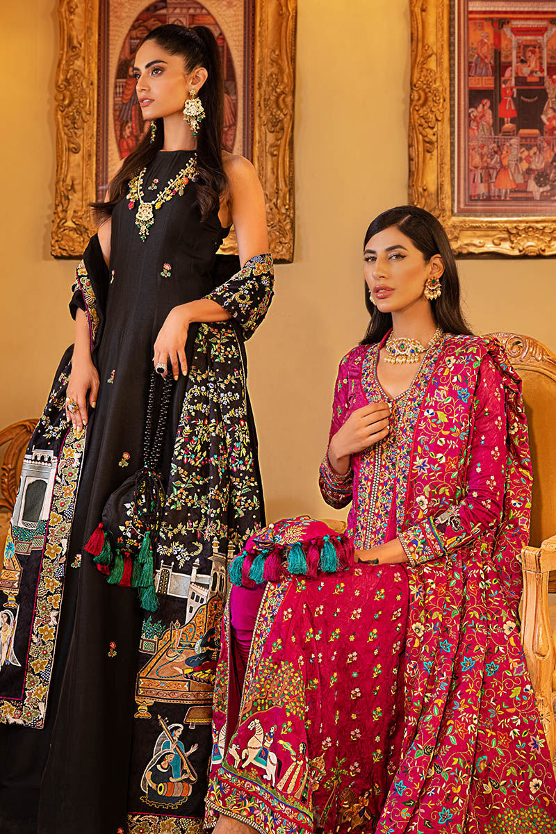 Pakistani Magenta Kashmiri Embroidered Self Jamawar Pishwas (3-Piece) - Image 7