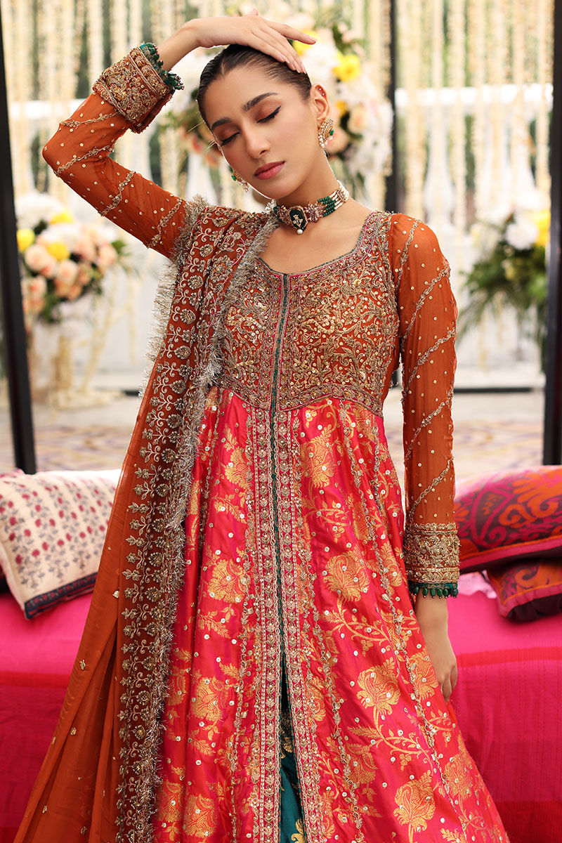 Pink Embroidered Jamawar Pishwas Dress (3-Piece) - Image 3