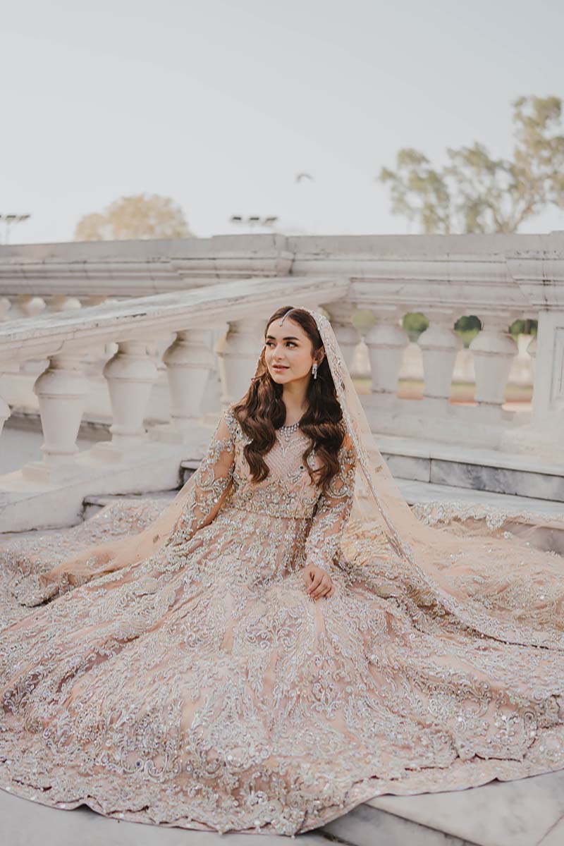 Pakistani Peach Embroidered Net Pishwas Dress (3-Piece) - Image 1