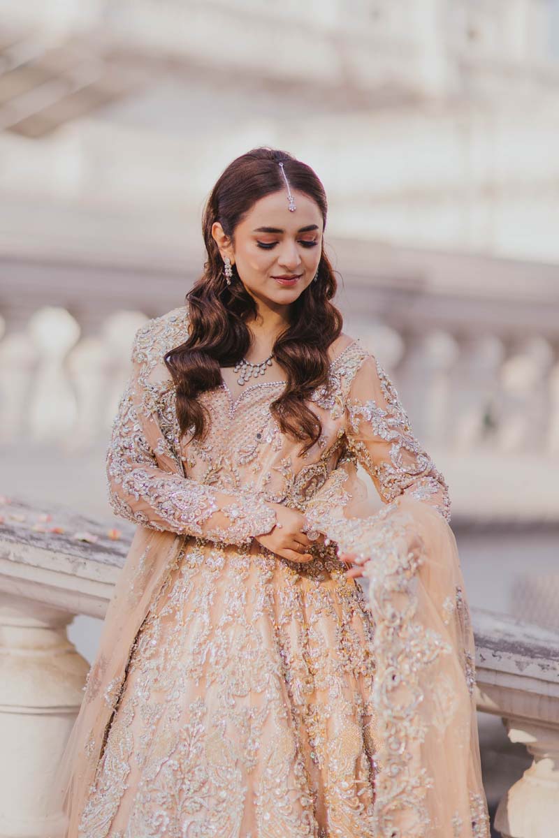 Pakistani Peach Embroidered Net Pishwas Dress (3-Piece) - Image 3