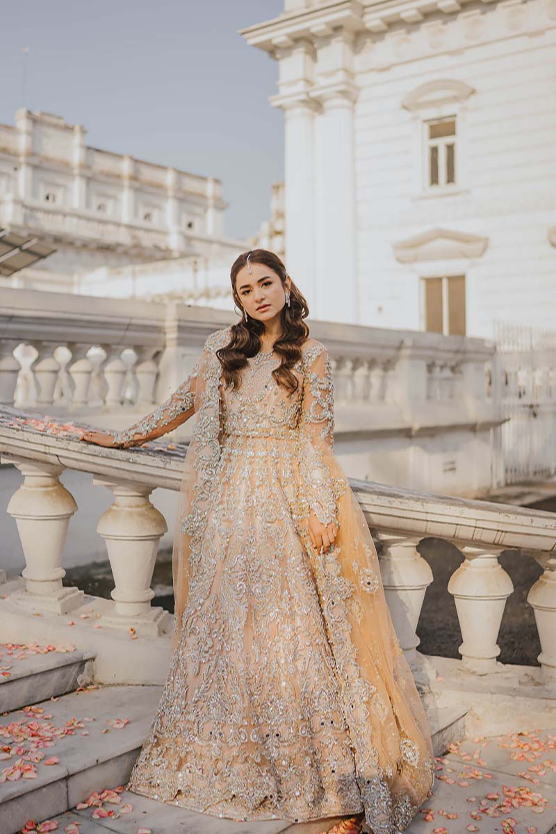 Pakistani Peach Embroidered Net Pishwas Dress (3-Piece) - Image 4