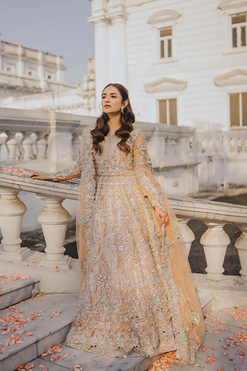 Pakistani Peach Embroidered Net Pishwas Dress (3-Piece) - Image 5