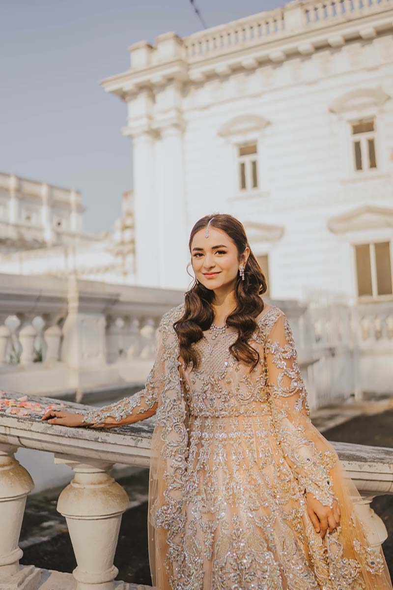 Pakistani Peach Embroidered Net Pishwas Dress (3-Piece) - Image 6