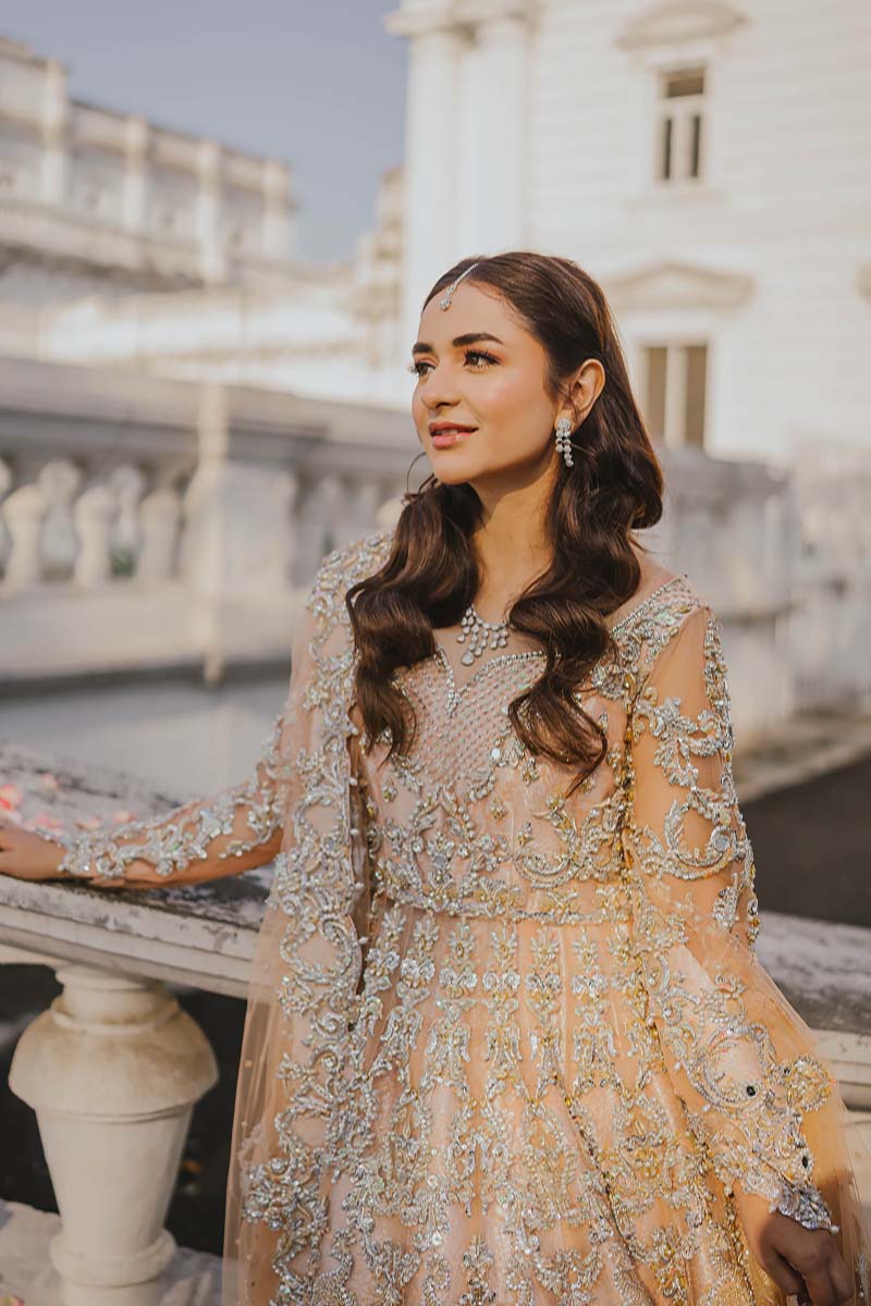 Pakistani Peach Embroidered Net Pishwas Dress (3-Piece) - Image 7