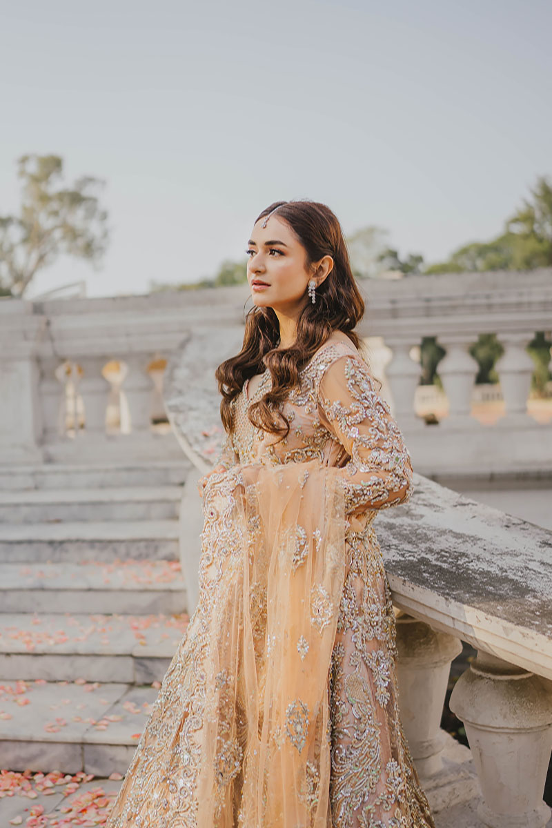 Pakistani Peach Embroidered Net Pishwas Dress (3-Piece) - Image 8