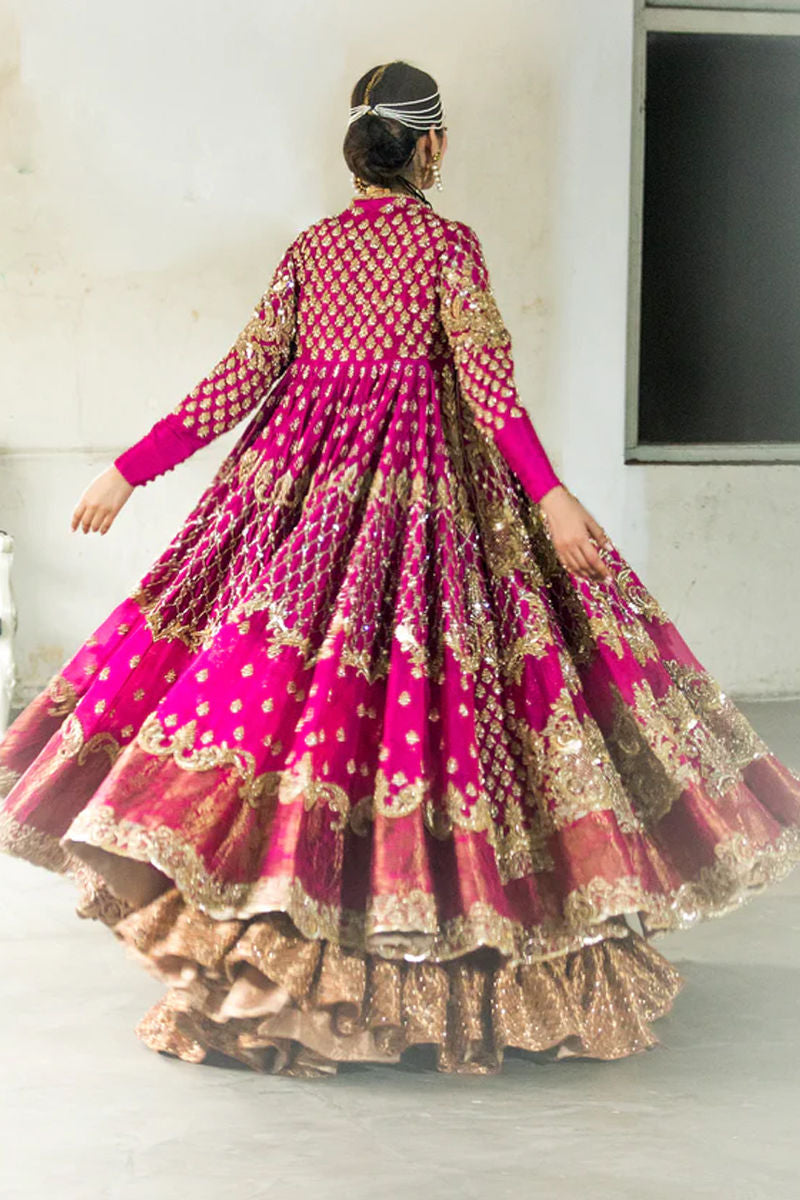 Pakistani Fuchsia Embroidered Kamkhab & Raw Silk Pishwas (3-Piece) - Image 2