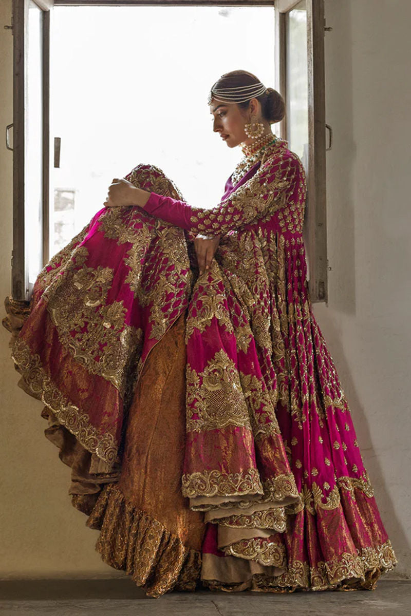 Pakistani Fuchsia Embroidered Kamkhab & Raw Silk Pishwas (3-Piece) - Image 3