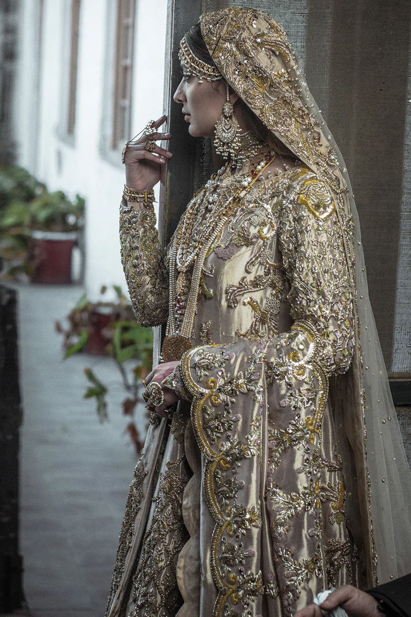 Pakistani Malo Rose Embellished Kamkhab Zari Tissue Pishwas (3-Piece) - Image 1