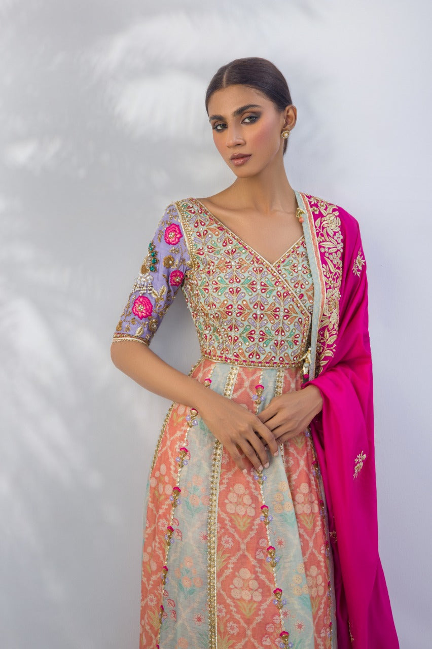 Pakistani Dusty Pink & Celadon Embroidered Khaddi Silk Pishwas (3-Piece) - Image 3