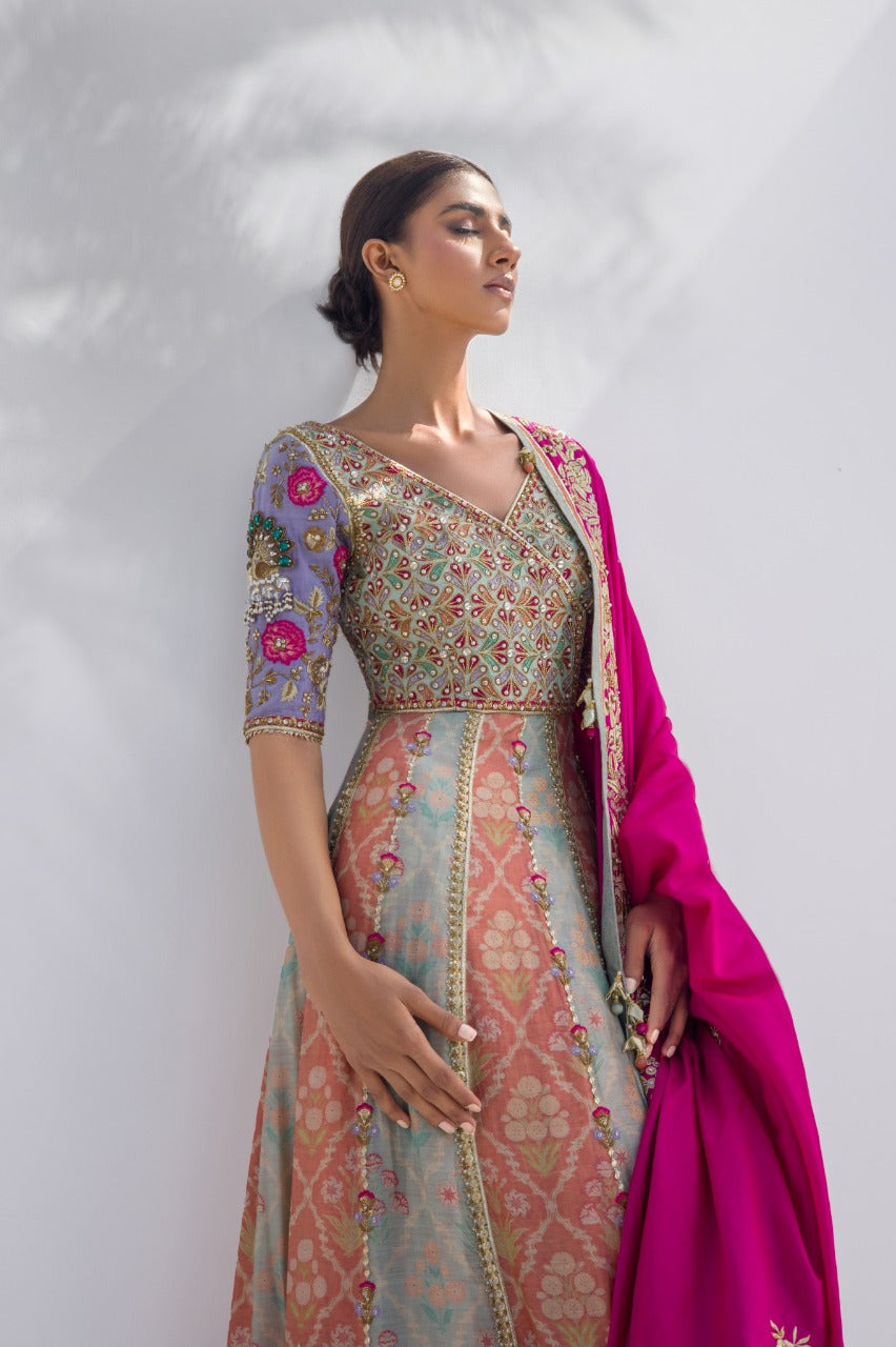 Pakistani Dusty Pink & Celadon Embroidered Khaddi Silk Pishwas (3-Piece) - Image 4