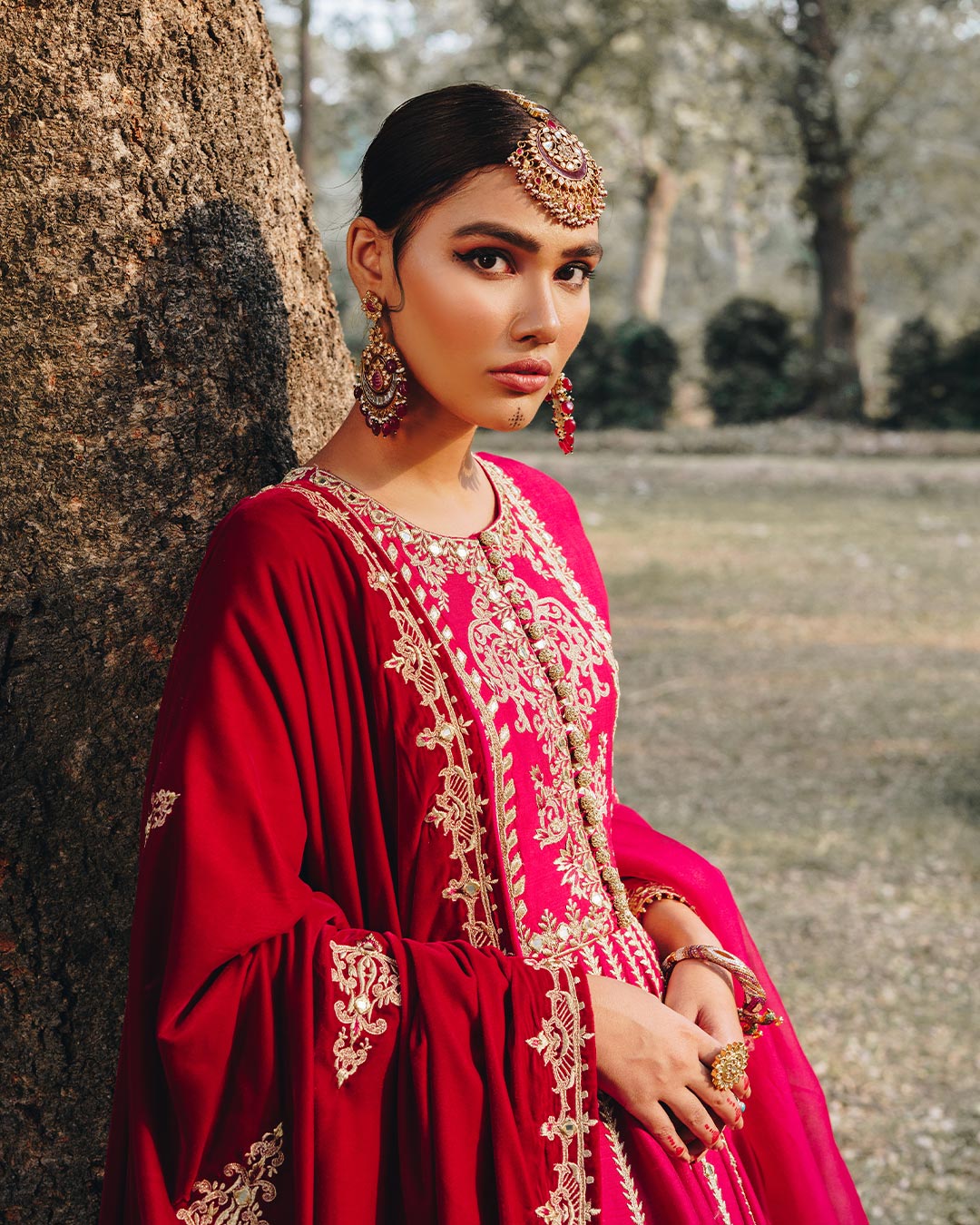 Deep Pink Embroidered Korean Raw Silk Pishwas (3-Piece) - Image 3