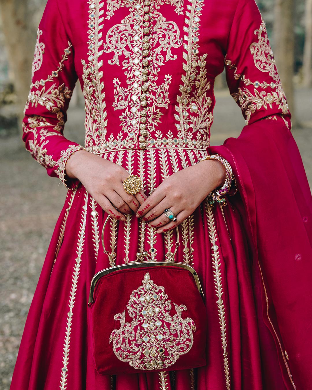 Deep Pink Embroidered Korean Raw Silk Pishwas (3-Piece) - Image 4