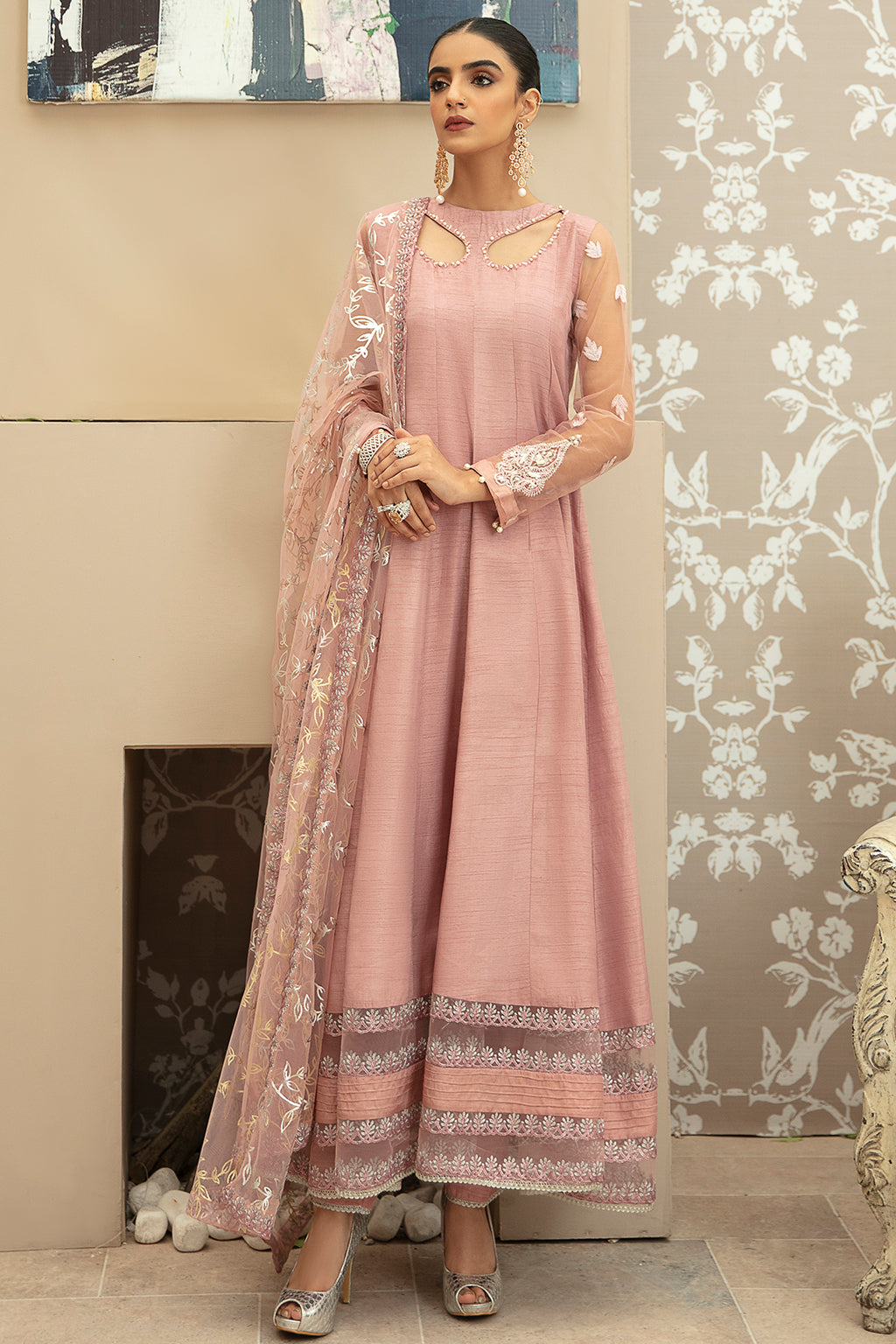 Tea Pink Embroidered Korean Raw Silk Pishwas (3-Piece) - Image 1