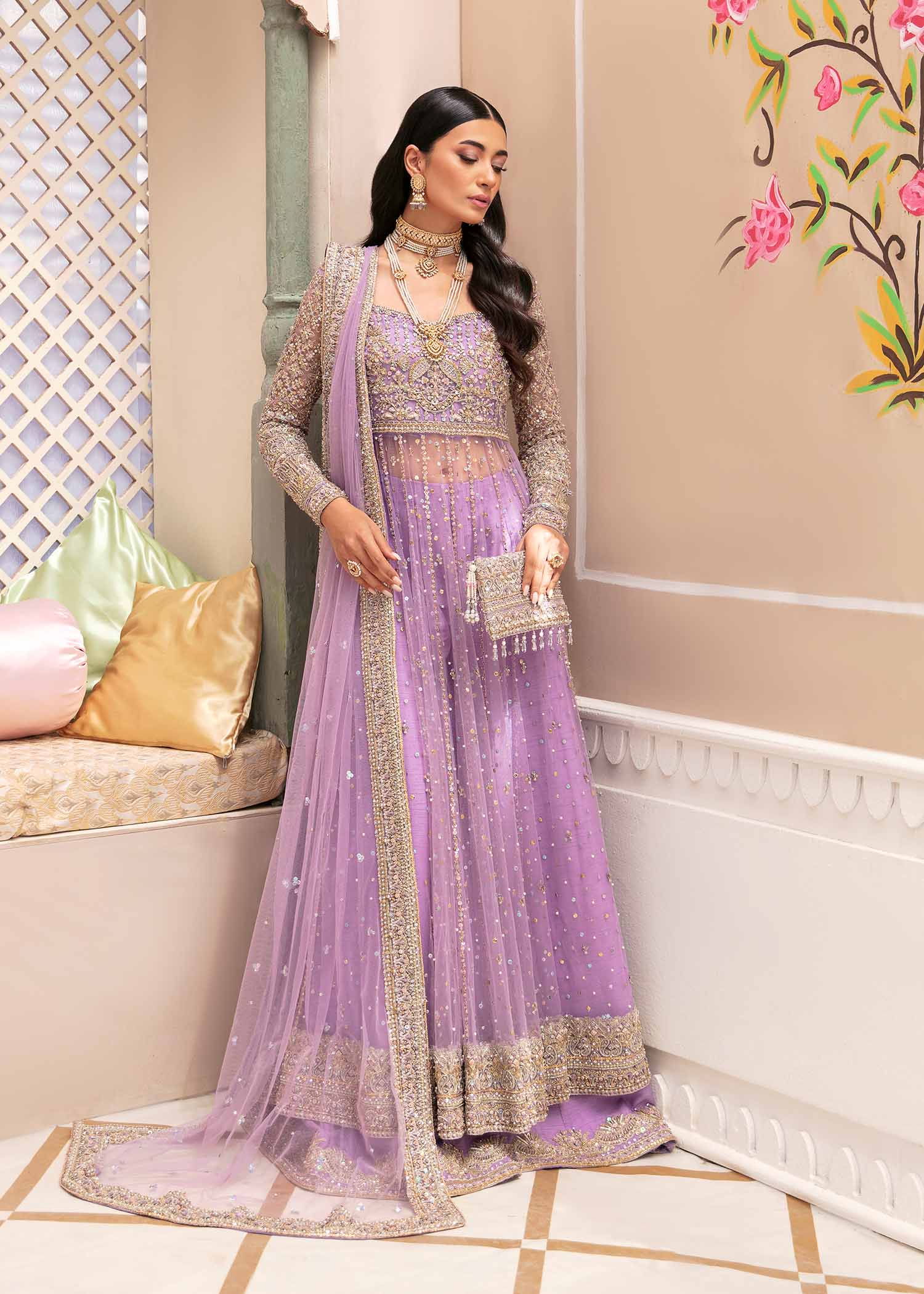 Lilac Embellished Net Pishwas Dress (3-Piece) - Image 6